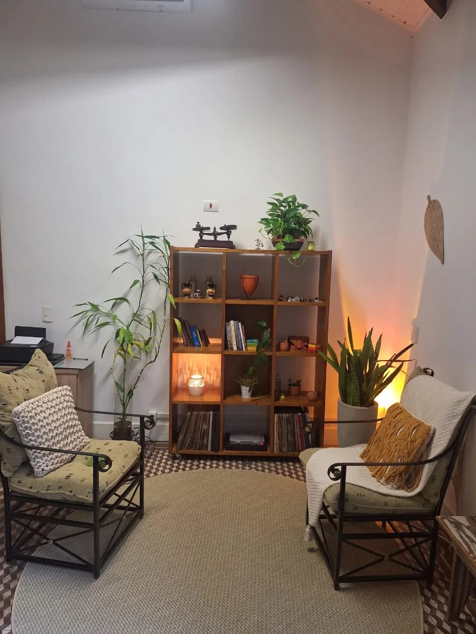 Consultório da Almatua: duas poltronas, estante com livros e plantas, luz quente